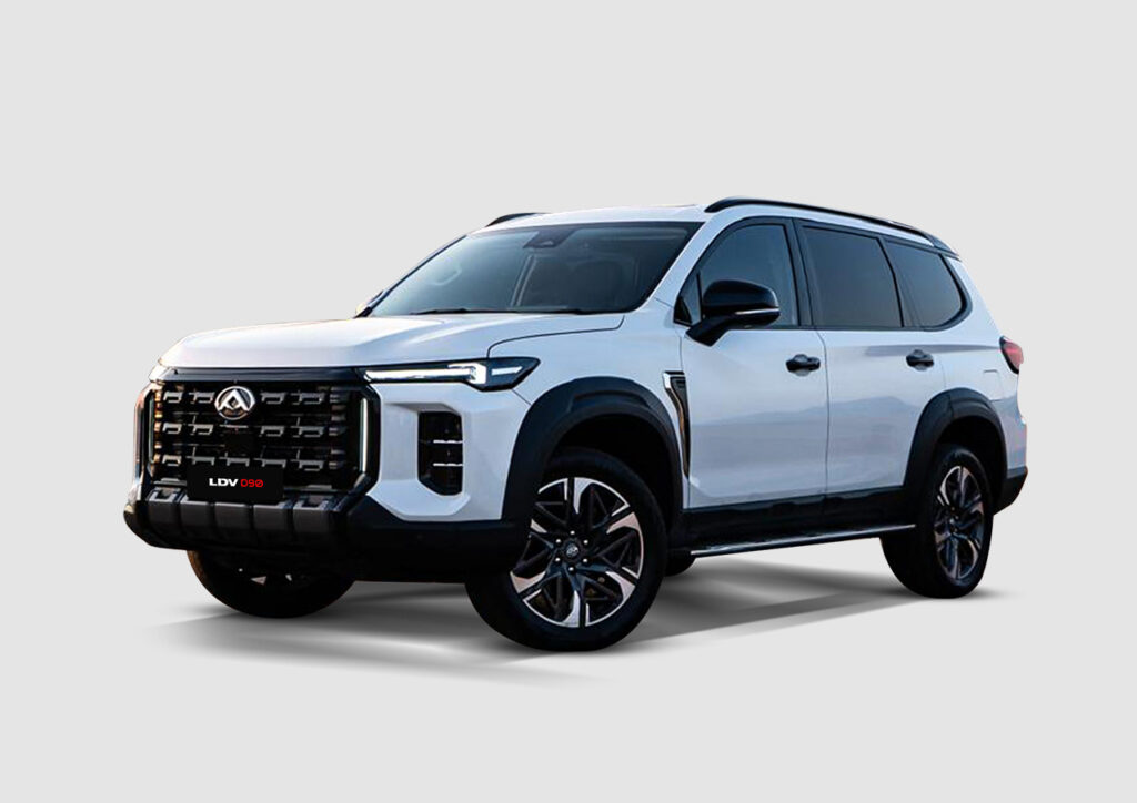 White LDV D90 SUV front three quarter view